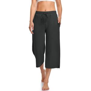 UEU Womens Capri Yoga Pants Summer Wide Leg Loose Casual Cropped Lounge Drawstring Pajama Capris Sweatpants with Pockets(Dark Gray)