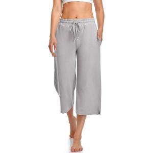 UEU Womens Capri Yoga Pants Summer Wide Leg Loose Casual Cropped Lounge Drawstring Pajama Capris Sweatpants with Pockets(Gray)