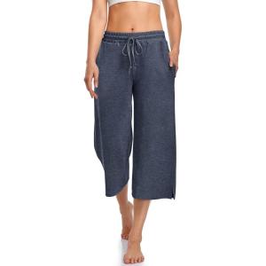 UEU Womens Capri Yoga Pants Summer Wide Leg Loose Casual Cropped Lounge Drawstring Pajama Capris Sweatpants with Pockets(Heather Navy)