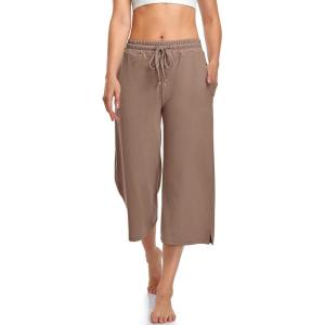 UEU Womens Capri Yoga Pants Summer Wide Leg Loose Casual Cropped Lounge Drawstring Pajama Capris Sweatpants with Pockets(Light Coffee)