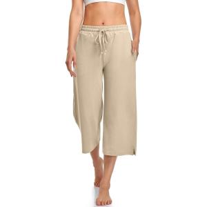 UEU Womens Capri Yoga Pants Summer Wide Leg Loose Casual Cropped Lounge Drawstring Pajama Capris Sweatpants with Pockets(Light Khaki)