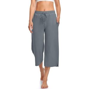 UEU Womens Capri Yoga Pants Summer Wide Leg Loose Casual Cropped Lounge Drawstring Pajama Capris Sweatpants with Pockets(Mid Gray)