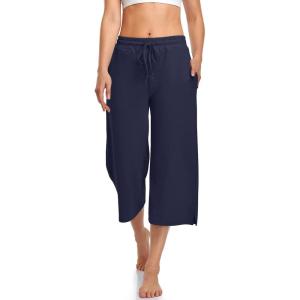 UEU Womens Capri Yoga Pants Summer Wide Leg Loose Casual Cropped Lounge Drawstring Pajama Capris Sweatpants with Pockets(Navy)