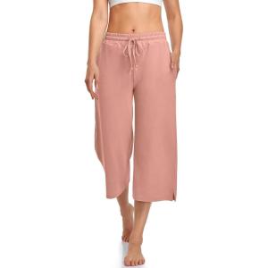 UEU Womens Capri Yoga Pants Summer Wide Leg Loose Casual Cropped Lounge Drawstring Pajama Capris Sweatpants with Pockets(Pink)