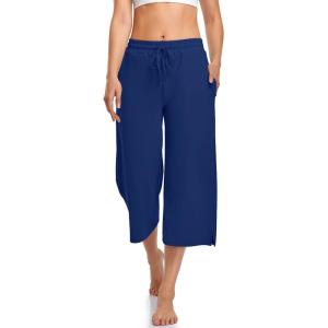 UEU Womens Capri Yoga Pants Summer Wide Leg Loose Casual Cropped Lounge Drawstring Pajama Capris Sweatpants with Pockets(Royal Blue)