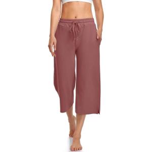 UEU Womens Capri Yoga Pants Summer Wide Leg Loose Casual Cropped Lounge Drawstring Pajama Capris Sweatpants with Pockets(Rust Red)