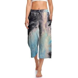 UEU Womens Capri Yoga Pants Summer Wide Leg Loose Casual Cropped Lounge Drawstring Pajama Capris Sweatpants with Pockets(Tie Dye Black Blue)